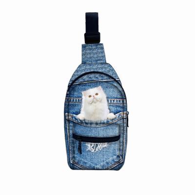 China Daily Cute White Cat On Jeans Pocket Custom Design Cross - Body Chest Bag With Adjustable Comfortable Padded Shoulder Strap for sale