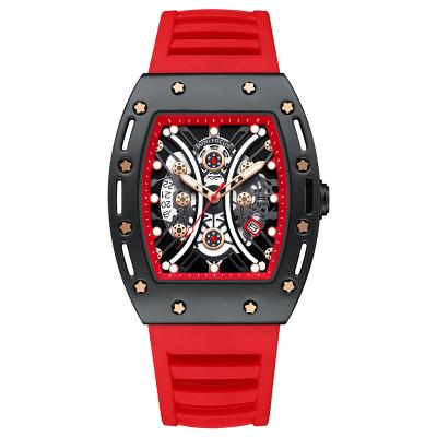 China Fashion Luxury Red Square Skeleton Trend Men's Automatic Date Elastic Band Quartz Watch Display Men Watches Wrist Watch for sale