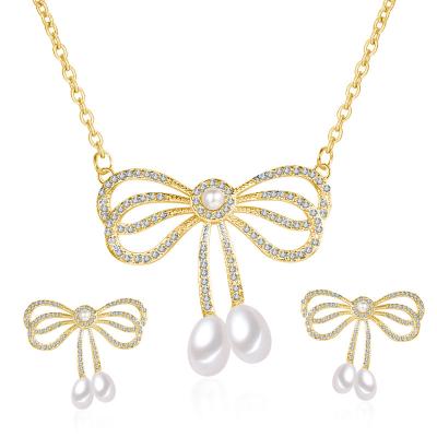 China Trendy Fashion Bow Jewelry Set Rose Gold Platinum Necklaces And Gold Plated Earrings For Women Jewelry Sets Pearl for sale