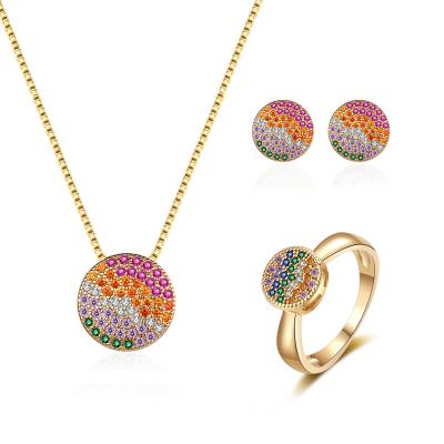 China Vintage Turkish Bridal Jewelry Set Around Colorful Zircon Necklace Ring Earring Set Gold Plated Pendant Jewelry Set Gift For Mother's Day for sale