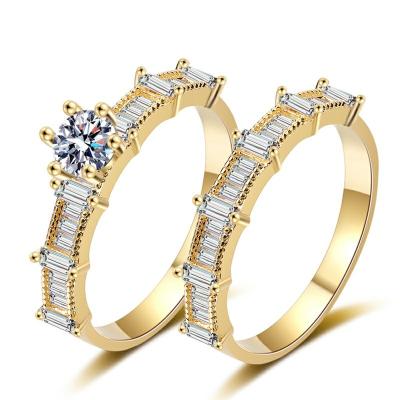 China Hot Selling CLASSIC Ring Jewelry Set 18K Gold CZ Copper Zircon Fashion Ring Two Piece Wedding Ring for sale