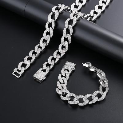 China High Quality Hiphop Fashion Miami Cuban Chain Necklace And Bracelet Set Combination Luxury Hip Hop Jewelry for sale