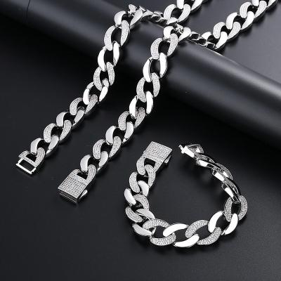 China Hip Hop Hip Hop Jewelry Set Miami Cuban Chain Necklace Silver Wholesale Men's Chunky Necklace and Chunky Bracelet for sale