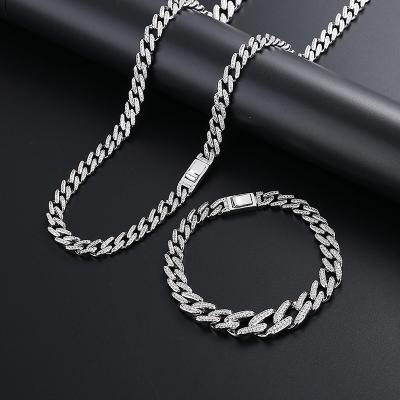 China 2021 New Hip Hop Jewelry Set Cuban Chain Men Necklace Silver Plated Necklace Bracelet for sale