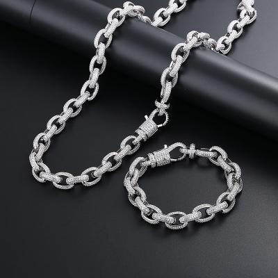 China Hiphop Fashion Men's Hip Hop Jewelry Set Ice Out Silver Diamond Cuban Chain Bracelet Men's Thick Necklace for sale