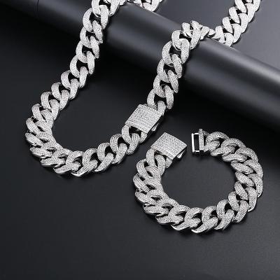 China Hiphop Hip Hop Silver Cuban Bracelet Men's Necklace Bling Ice Out Diamond Cuban Chain Men's Jewelry Set for sale