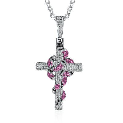 China Hip Hop Fashion Hip Hop Design Religious Necklace Inlaid CZ Ice Zircon Snake Cross Christian Pendant Jewelry for sale