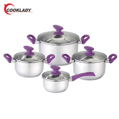 China Sustainable Household Goods Cooking Purple Bakelite Handle Stainless Steel Non-Stick Cookware Set for sale