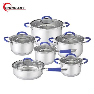 China Viable Wholesale Professional 12Pcs Handle Cookware Stainless Steel Special Cookware Set With Silicone Handle for sale