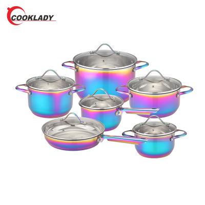 China Sustainable Wholesale Rainbow Painting Cooking Pot 12Piece Pot Set Induction Stainless Steel Cookware for sale