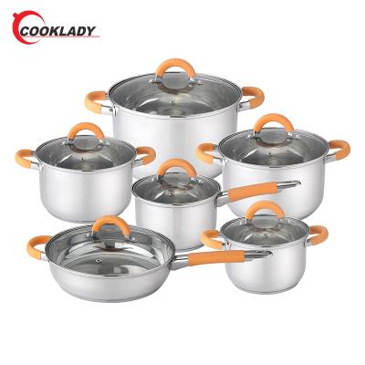 China Sustainable Hot Selling 12Pcs Stock Pot Multifunctional Stainless Steel Cookware Set With Silicone Handle for sale