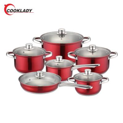 China Sustainable Wholesale Easy To Clean Shine Red Cookware Non Stick Pots Stainless Steel Kitchen Pot Set for sale