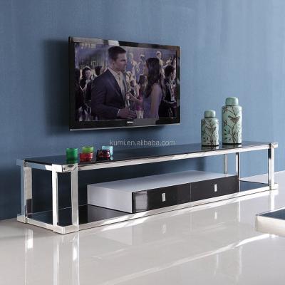 China New Modern Style TV Stand Stainless Steel Furniture Glass TV Cabinet Simple Design Highly Reliable Black Stand for sale