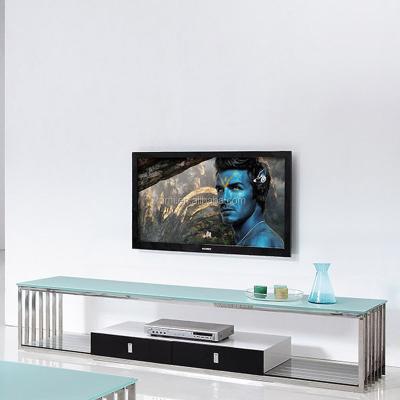 China Brand New Modern Leading Industry Contemporary Glass&stainless Steel Low Leg TV Stand For Living Room for sale