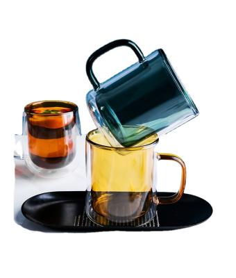 China Sustainable Handmade High Borosilicate Drinking Water Double Wall Fashion Color Glass Mug With Handle for sale