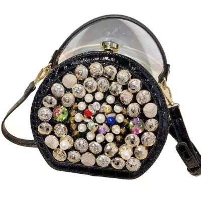 China Women's Luxury Handmade Diamond Glitter Fashion PU Leather Clutch Shoulder Round Purses and Handbags for Women 2021 for sale