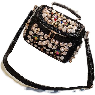 China 2021 fashion rivets gemstones and pearls plus lady's cluth handbag embossed PU leather handle bag designer female shoulder bag for sale