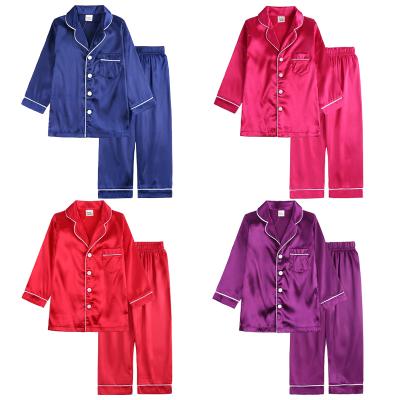 China Solid Buttoned Satin Pajamas Kids Pajamas Tops Breathable Silk Long Sleeve Panties Set Nightgown Kids Sleepwear for sale