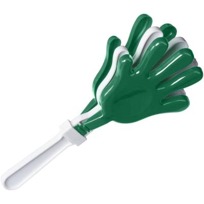 China Custom Recyclable Green Handle Promotion Logo Finger Gift Pop Maker Shaped Cheering Party Toy Plastic Hand Shake Clapper for sale