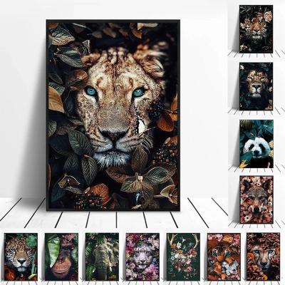 China Modern Classic Japandi Flower Decorative Painting Of Tiger Lion Zebra Poster And Print Living Room Nordic Animal Wall Canvas Painting for sale