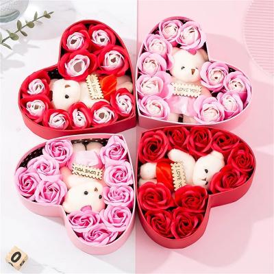 China Soap 10Pcs Rose Soap Flower With Bear Valentines Day Gift For Girlfriend Women Artificial Flower Fake Rose Anniversary Wedding Decor for sale