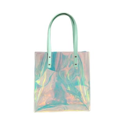 China Fashionable Custom Tote Shoulder Bag Women Handbag Holographic Transparent Purse Work PVC Clear Shopping Bag for sale