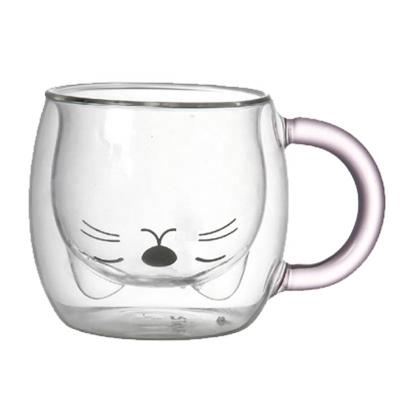 China Cartoon Cat Reusable Double Wall Borosilicate Glass Mug Cute Eco-Friendly Drinking Cup Modern Premium for sale