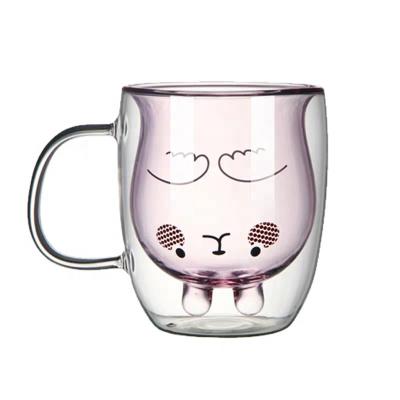 China Modern Custom Borosilicate Custom Cute Beverage Bunny Mug Heat Resistant Double Wall Pink Cartoon Glass Mug for sale