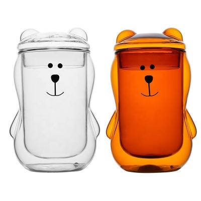 China Handblown Modern Custom Cute Cartoon Bear Insulated Cup Double Wall Borosilicate Glass Mug for sale