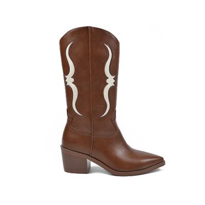 China Wholesale Goods High Quality Brown Embroidered Leather Western Handmade Wide Calf Cowboy Boots Pointed Toe Women Boots Waterproof for sale