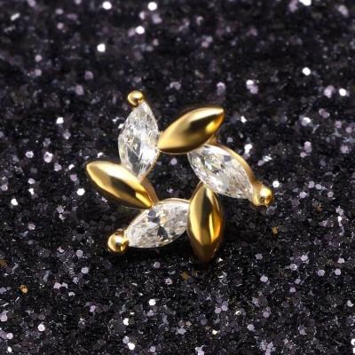 China Marquise Flower Threadless Piercing Jewelry Yellow Gold Stories 14K Gold Top For Labret Earrings for sale