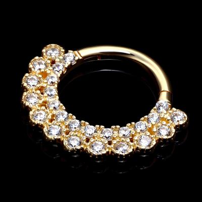 China CLASSIC 14K CZ Stories Piercing Solid Gold Paved Stones Nose Hinged Helix Bodi Pierc Ring Cartilage Ring Piercing Jewelry for sale