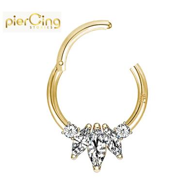 China 14K Solid Gold 3 Stories Romantic Piercing Marquis CZs Hinged Septum Ring Daith Nose Clicker Body Piercing Jewelry for sale