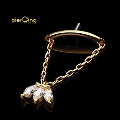 China Threadless Stories 14K 18K Solid Gold CLASSIC Piercing End Labret Stud Daith Body Piercing Jewelry With Marquis 3 CZs Dangle On Chain for sale