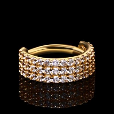 China CLASSIC Piercing Stories 14K Solid Gold Triple Line Paved CZ Segment Clicker 18K Gold Nose Hinged Ring Earrings Bodi Pierc Jewelry for sale