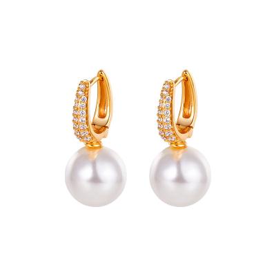 China Hot Sale Romantic Zircon Cut Huggie Earrings 18K Gold Plated Round Pearl Dangle Earrings For Women Gift Jewelry for sale