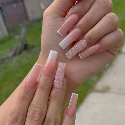 China Pink French Rhinestone Private Label Fake Nail Tips Full Coverage Gel Nail Kit Self Adhesive Press On Nail for sale