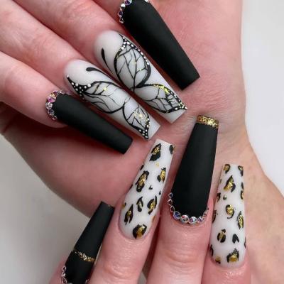 China Design 24 Pcs/Box Full Cover Matte Leopard False Nail Tips Butterfly Ballerina Press On Nails With Glue Artificial Nails for sale