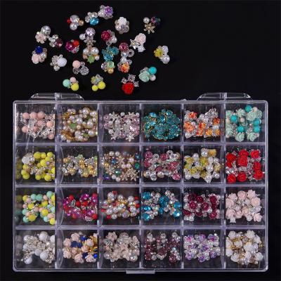 China Luxury Different Sizes Bottom 3D Glass Crystal Nail Rhinestones FlatBack Alloy Crown Art Rhinestone Decorations Set Nail Decoration 24Grids Nail Glitter for sale