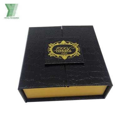 China Luxury Custom Leather Textured Gift Box Leather Tray Double Flap Opening Perfume Boxx Gold PU Cosmetics Box Logo Black for sale