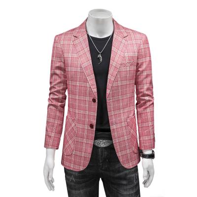 China Anti-wrinkle fashion plaid TR big pink fabric casual coat patch pocket checked suit blazers men's blazer jacket for sale