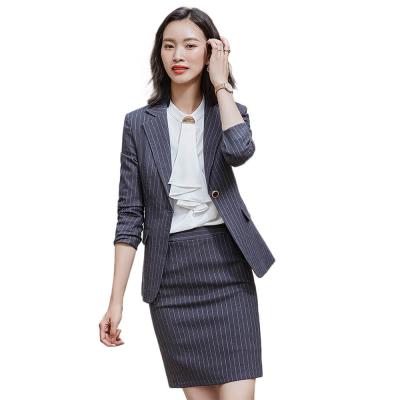 China Fashionable Three Pieces Jacket Skirt Pants Anti-Shrink Ladies Coat Pant Suits Office Wear OL Business Striped Women Suits Set for sale