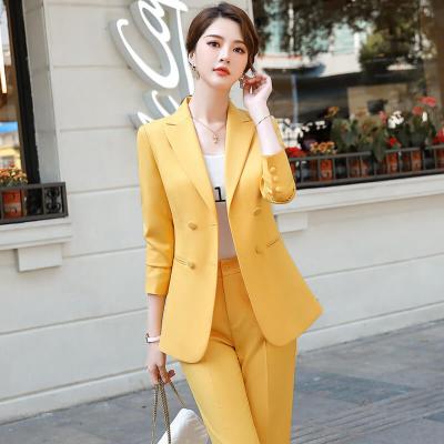 China Fashion Office Women Lady Suit Anti-Shrink Yellow 2 Pieces Collar Closure Cheap Ladies Suit Slim Breasted Single Breasted Ladies Suit for sale