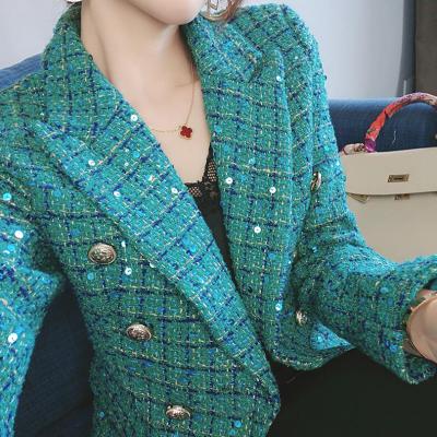 China Anti-Wrinkle Ready To Ship Women Green Plaid Checked Closure Sequined Collar Tweed Suit Ladies Double Breasted Jackets Blazers for sale