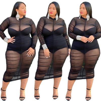 China 2021 Fashion Anti-Static Oversized Women's Mesh Pleated Sexy Dress See Through Plus Size Women Dress for sale