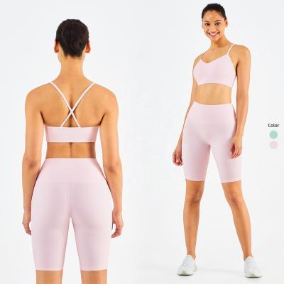 China New Breathable 2 Piece Gym Fitness Sets Ribbed Women's V-Neck Sports Tops Butt Yoga Lift Up Pants for sale