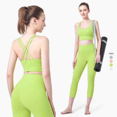 China New Arrival Breathable 2 Piece Yoga Sets Comfortable Fitness Cross Back Bra Leggings For Women for sale