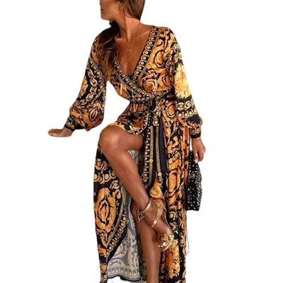 China Vintage Breathable Print Wear Autumn Ladies V-Neck Vacation Dress Sexy Split Women Clothes for sale