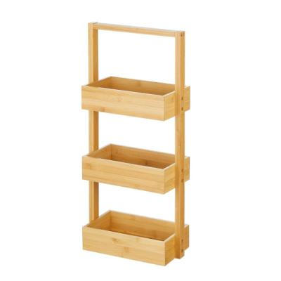 China 3 Tier Bathroom Ladder Sustainable Bamboo Shelf Wood Shelving Unit , Corner Shelves Stand Up Storage For Bath for sale