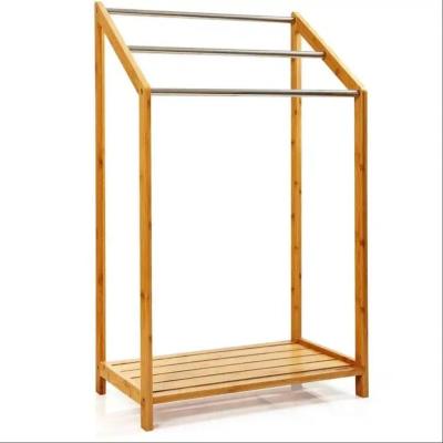 China Viable Free Standing Bathroom Suit Towel Soap Storage Rack Bamboo Wooden Coat Hanger Rack for sale